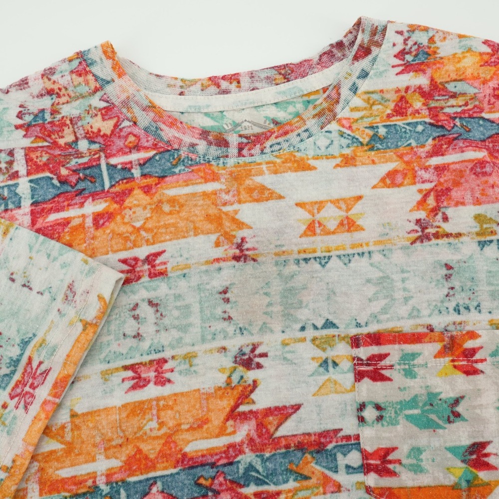 Red Camel Linen Blend Aztec Print Crew Neck Short Sleeve‎ T-Shirt Casual Mens L